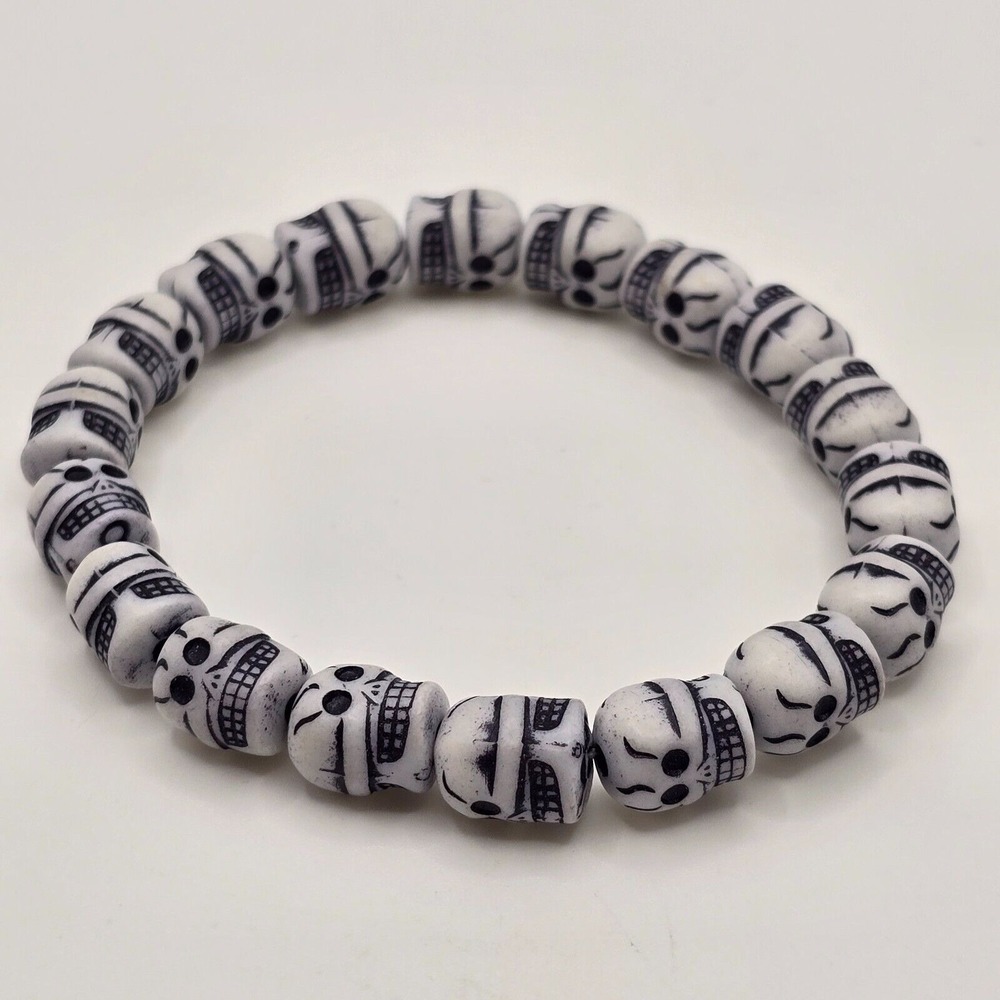 White‎ Skull Stretch Bracelet Beaded Pull On One Size Gothic Halloween